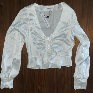 For Love and Lemons White Satin Long Sleeve Top
